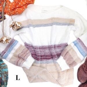 New Shop Wanna B White Camel Stripe Sweater Sz L